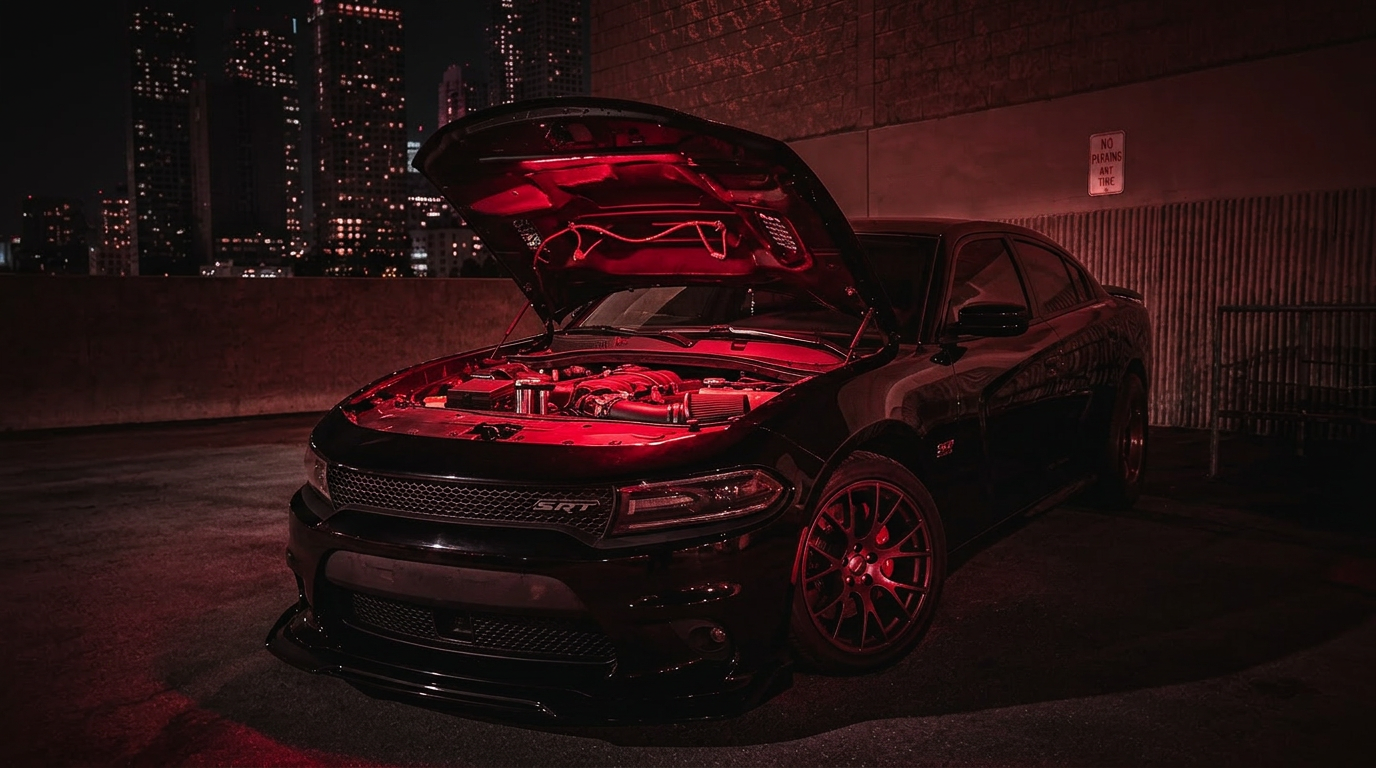Black Charger Scat Pack under red light